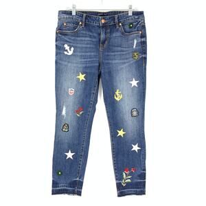 Level 99 Jeans Women's Size 29P Blue Amber Slouchy Patches Skinny Raw Hem Blue